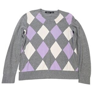 Claiborne Argyle V-Neck Sweater Men's Size Small Gray Purple White 100% Cotton